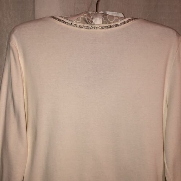 Talbots M Cotton Ivory Pullover Long Sleeve Top Embellished Around V-Neck - Picture 4 of 10